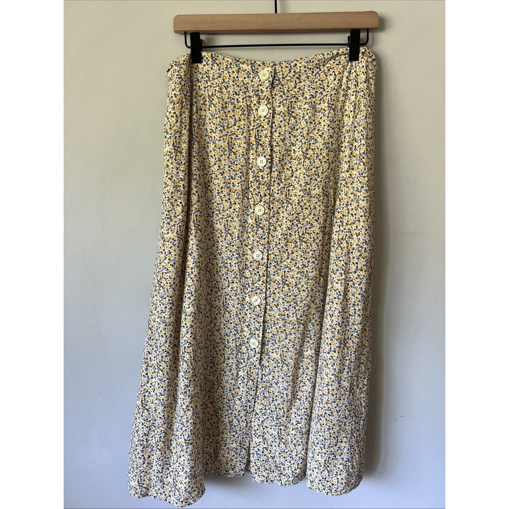 Gap Womens Size 14 Yellow Floral Midi Skirt w/ Button Front 100% Rayon